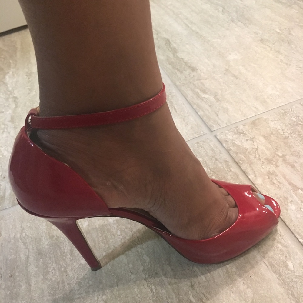 Red Patent Ankle Strap Peep- Toe High Heels